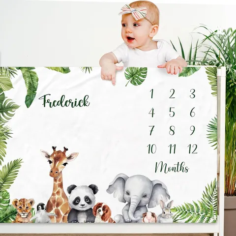 Tropical Jungle Animal Baby Monthly Milestone Blanket Newborn Photography Prop White Peach Skin Personalized Photo Backdrop
