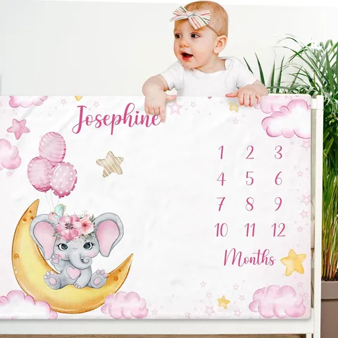 Baby Monthly Milestone Blanket Pink Moon Elephant Print Newborn Growth Record Photography Prop Soft Peach Skin Fabric Background Cloth