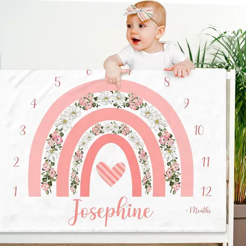 Baby Milestone Blanket Floral Rainbow Monthly Photography Prop Soft Polyester Growth Record Blanket For Newborn Infants Pink