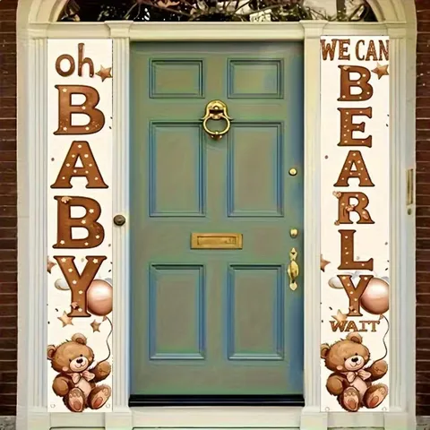 Baby Shower Porch Sign Banner Set Bear Balloon Star Pattern Pongee Polyester Door Banners For Party Home Garden Yard Decor