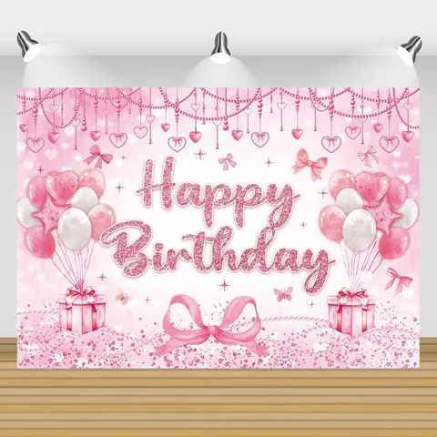 Sfondo Fotografico Happy Birthday con Fiocco Rosa Dolce in Poliestere Banner per Feste a Tema per Ragazze Decorazione