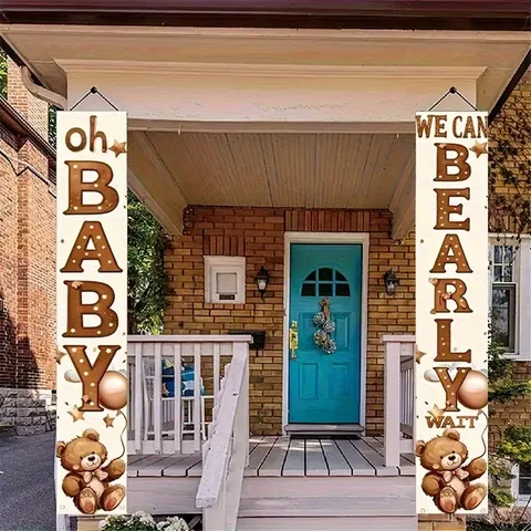 Baby Shower Porch Sign Banner Set Bear Balloon Star Pattern Pongee Polyester Door Banners For Party Home Garden Yard Decor