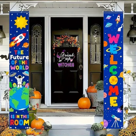 Cartoon Space Porch Banner Planet Rocket Astronaut Welcome Door Couplet Polyester Digital Print Decor for Kids Room Party