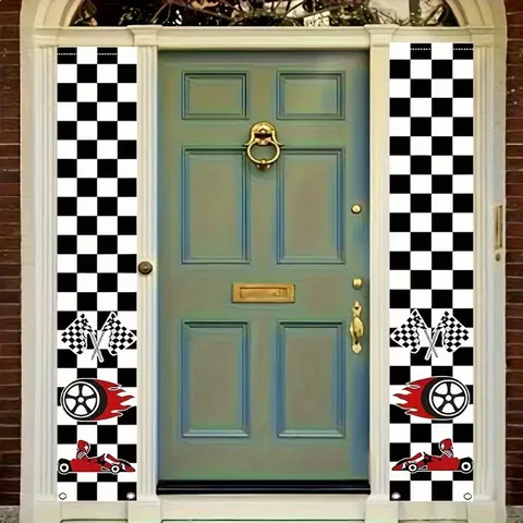 Racing Thema Veranda Banner Geblokte Vlag Racewagen Elementen Buiten Tuin Decoratie Sportief Welkomstbord Polyester Banner