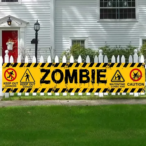 Halloween Ζόμπι Προειδοποιητικό Πανό Κίτρινο Μαύρο Ταινία Προσοχής Keep Out Πολυεστέρας Φόντο Πάρτι Διακόσμηση Εσωτερικού Εξωτερικού Χώρου Αφίσα