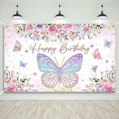 Toile de Fond Photographie Anniversaire Papillon Floral Romantique Pongee Décoration de Fête Fond Mural Bannière Accessoires
