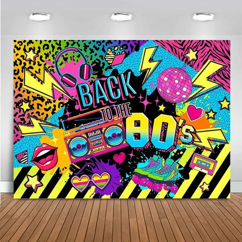 Retro 80s Theme Photography Backdrop Back To The 80s Party Decorations Neon Disco Radio Roller Skates Polyester Tapestry Wall Hanging For Photo Studio