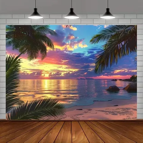 Fondo de Fotografía Paisaje Natural Puesta de Sol Playa Mar Tropical Palmera Tapiz de Pared Decoración de Fiesta de Cumpleaños