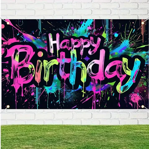 Φόντο Πάρτι Γενεθλίων Happy Birthday Νέον Γκράφιτι Πολυεστέρα Φόντο Φωτογραφίας Τέχνη του Δρόμου Διακόσμηση Τοίχου