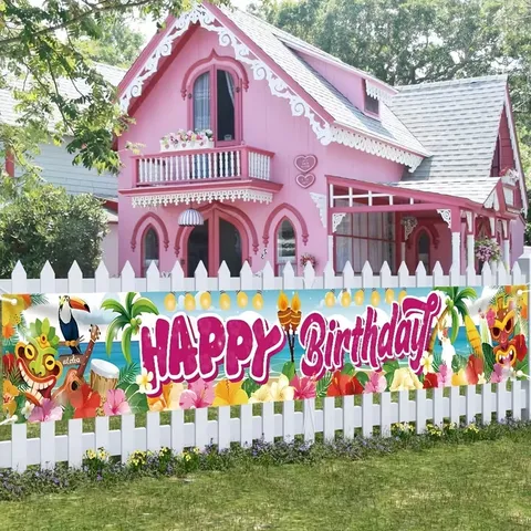 Tropical Hawaiian Birthday Banner Tiki Hibiscus Palm Leaf Party Decoration Colorful Yard Garden Banner Polyester Pongee