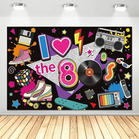 Retro 80s Theme Photography Backdrop Back To The 80s Party Decorations Neon Disco Radio Roller Skates Polyester Tapestry Wall Hanging For Photo Studio