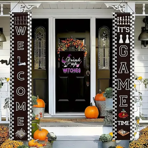 Vintage Chessboard Welcome It's Game Time Porch Banner Set Of 2 Polyester Chess Theme Outdoor Hanging Decoration
