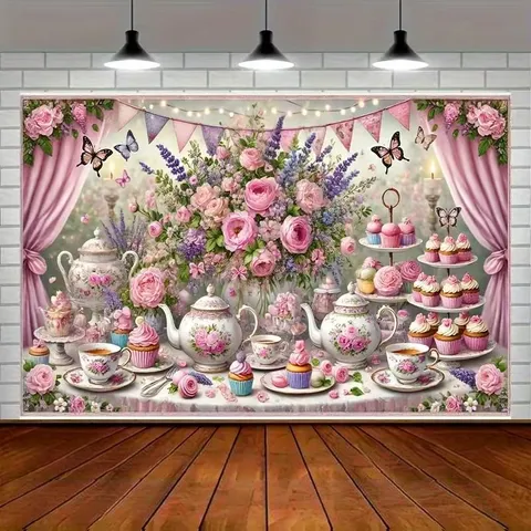 Toile de Fond Photographie Tea Party Vintage Floral Polyester Décoration Anniversaire Jardin Tapisserie Murale