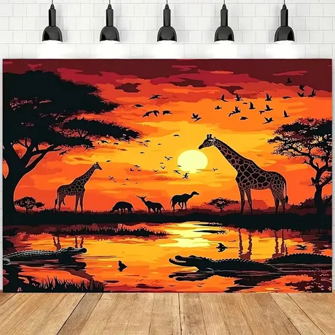 African Safari Animal Photography Backdrop Sunset Savanna Theme Background For Birthday Party Decoration Natural Pongee Banner