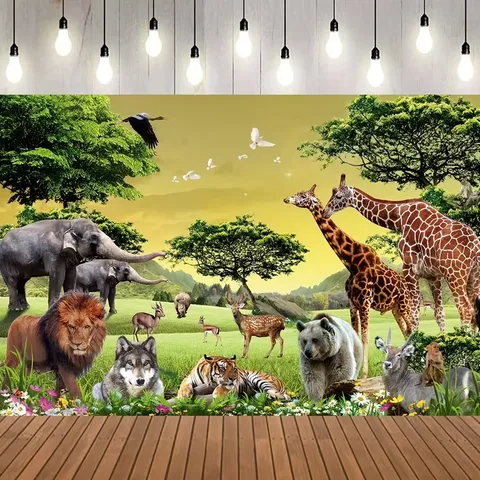 African Safari Animal Photography Backdrop Sunset Savanna Theme Background For Birthday Party Decoration Natural Pongee Banner