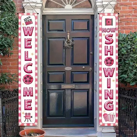 Movie Night Theme Welcome Porch Sign Banner Movie Theater Decor Film Strip Clapperboard Popcorn Pattern Pongee Door Banners Home Party Decoration