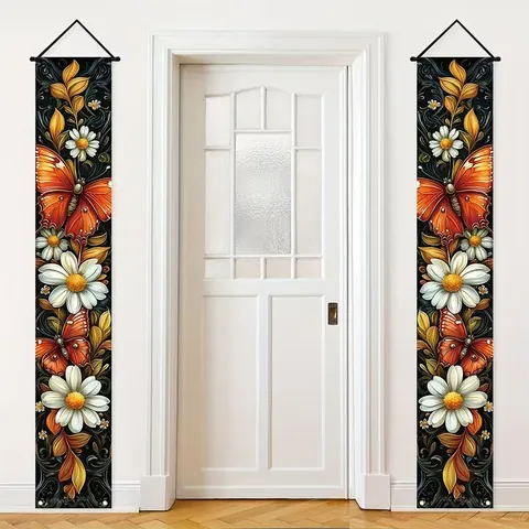 Vintage Luxury Porch Decoration Hanging Banner Butterfly Daisy Floral Printed Polyester Door Couplet For Home Porch Wall Decor