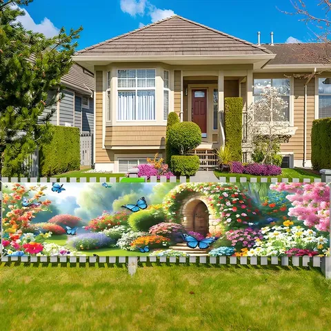 Dreamy Secret Garden Banner Flag Polyester Floral Butterfly Stone Archway Digital Print Outdoor Yard Decoration Spring Party Backdrop