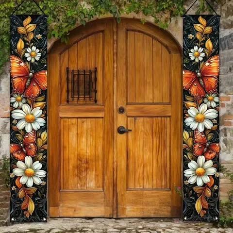 Vintage Luxury Porch Decoration Hanging Banner Butterfly Daisy Floral Printed Polyester Door Couplet For Home Porch Wall Decor