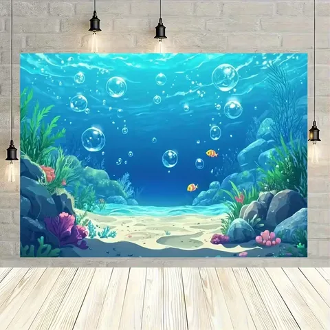 Fond de Photographie Dessin Animé Monde Sous-Marin Océan Corail Algues Bulles Poisson Tissu de Fond pour Décoration de Fête d'Anniversaire Enfants