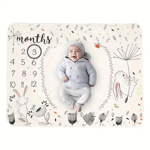 Baby Milestone Blanket Newborn Growth Monthly Photo Prop Soft Polyester Rabbit Floral Print Baby Milestone Mat