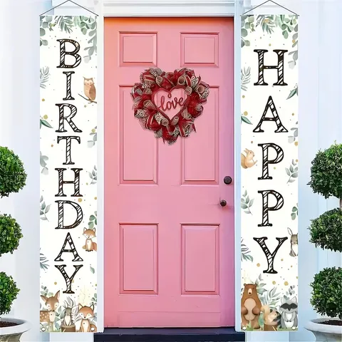 Waldtier Thema Happy Birthday Türbanner Set Aquarell Cartoon Bär Fuchs Hirsch Waschbär Eule Druck Polyester Veranda Couplet Dekorationen Für Kinder Geburtstag Party