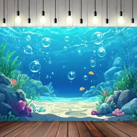 Fond de Photographie Dessin Animé Monde Sous-Marin Océan Corail Algues Bulles Poisson Tissu de Fond pour Décoration de Fête d'Anniversaire Enfants