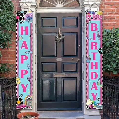 Bannière de Porche Fête Anniversaire Thème Rétro Vintage Rose Bleu Panneau Bienvenue Décoration Extérieure Drapeaux Suspendus