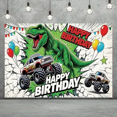 Cartoon Dinosaur Monster Truck Happy Birthday Photography Backdrop For Boys Party Decoration Polyester Wall Hanging Tapestry