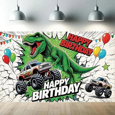Cartoon Dinosaur Monster Truck Happy Birthday Photography Backdrop For Boys Party Decoration Polyester Wall Hanging Tapestry