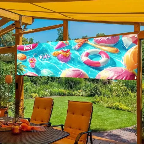 Summer Pool Party Banner Decoration Polyester Digital Print Outdoor Yard Party Backdrop Swim Ring Dessert Elements Banner
