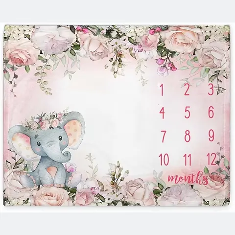 Baby Elephant Milestone Blanket For Newborn Photography Props Soft Polyester Floral Monthly Growth Commemorative Blanket Gift