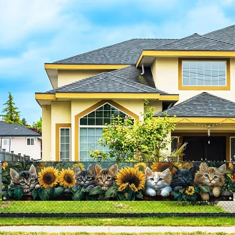 Sunflower Cat Garden Banner Outdoor Decorative Banner For Fence Yard Home Decor Polyester Pastoral Style Flower Kitten
