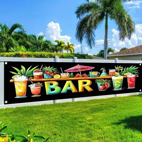 Hawaiian Bar Theme Decorative Banner Tropical Colorful Drink Print Polyester Backdrop For Summer Party Outdoor Decoration