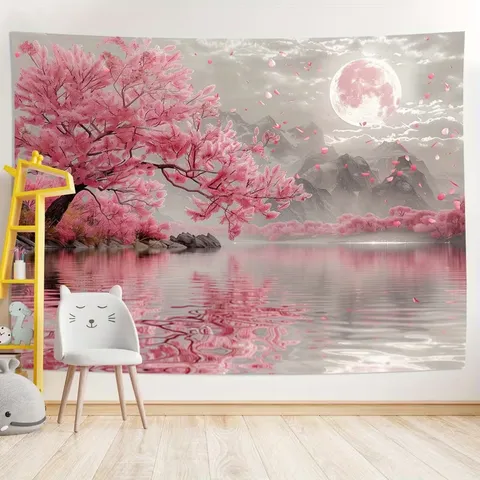Romantic Ink Wash Sakura Mountain Moon Tapestry Pink Cherry Blossom Photography Background Cloth Polyester Wall Hanging Decor