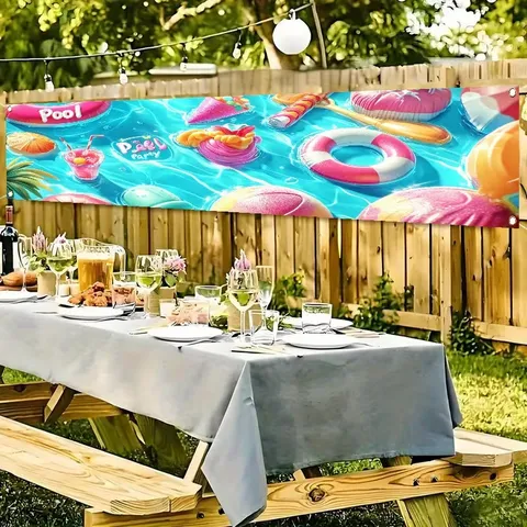 Summer Pool Party Banner Decoration Polyester Digital Print Outdoor Yard Party Backdrop Swim Ring Dessert Elements Banner