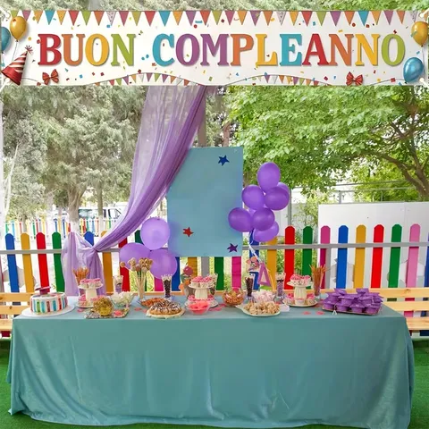 Happy Birthday Italian Banner Buon Compleanno Party Decorations Colorful Balloon Pennant Polyester Backdrop For Kids Adult Birthday Supplies