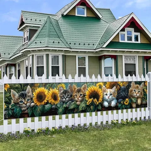 Sunflower Cat Garden Banner Outdoor Decorative Banner For Fence Yard Home Decor Polyester Pastoral Style Flower Kitten
