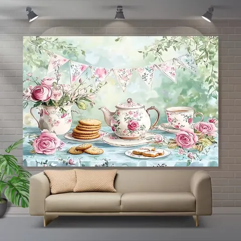 Süßer Aquarell Tee Party Hintergrund Floral Rose Teegeschirr Wandteppich Banner Für Fotografie Geburtstag Party Dekoration Wandbilder