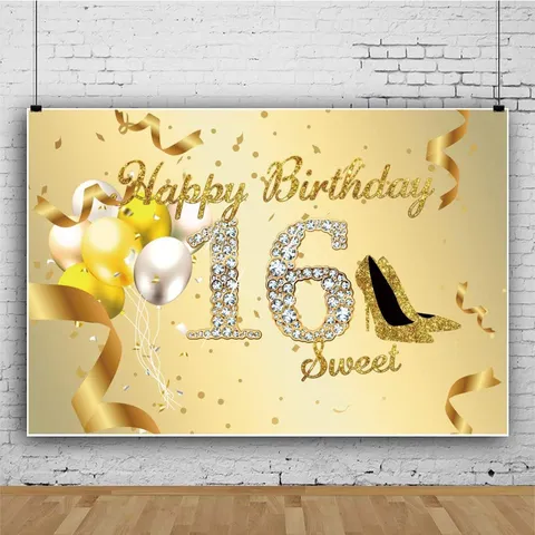 Toile de Fond Joyeux 16ème Anniversaire Sweet 16 Or Brillant Paillettes Ballons Talons Hauts Fond de Photographie pour Décoration de Fête d'Anniversaire 16 Ans Bannière en Poliester