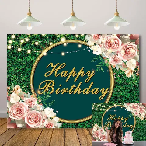 Green Leaves Floral Birthday Photography Backdrop Gold Happy Birthday Polyester Forest Theme Birthday Party Decoration