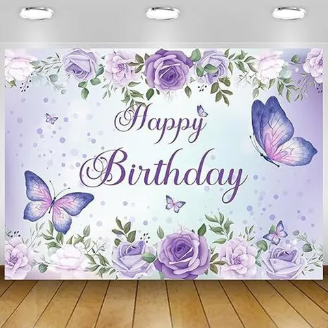 Elegant Purple Rose Happy Birthday Photography Backdrop Polyester Floral Butterfly Birthday Party Background Decoration Banner