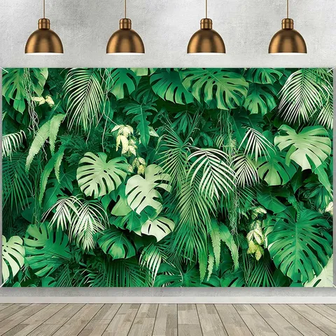 Tropical Rainforest Photography Backdrop Monstera Palm Leaf Party Decoration Polyester Fabric Birthday Studio Photo Background Green Jungle Theme Wall Decor