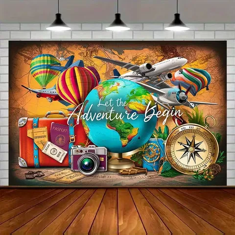 Vintage Travel Adventure Photography Background Cloth Let The Adventure Begin Polyester Map Plane Party Backdrop Wall Hanging