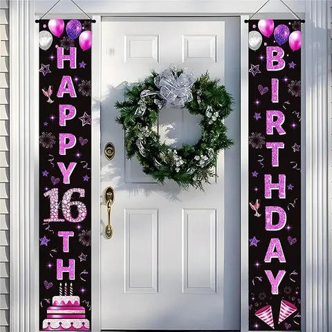 Sweet 16th Birthday Party Porch Sign Hanging Banner Set Happy Birthday Door Decorations Bunting For Indoor Outdoor Party Decor