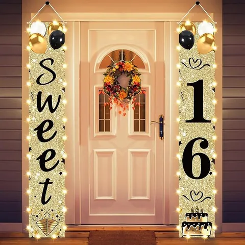 Sweet 16th Birthday Party Porch Sign Hanging Banner Set Happy Birthday Door Decorations Bunting For Indoor Outdoor Party Decor