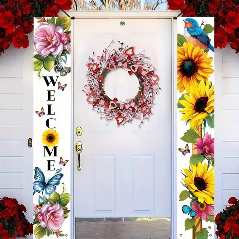 Pastoral Style Spring Sunflower Bird Welcome Door Banner Couplet Polyester Garden Hanging Flags Porch Yard Home Decor