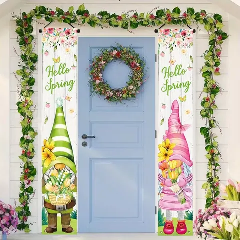 Hello Spring Gnome Porch Banner Set Colorful Floral Polyester Vertical Hanging Flag For Home Garden Porch Outdoor Indoor Decoration