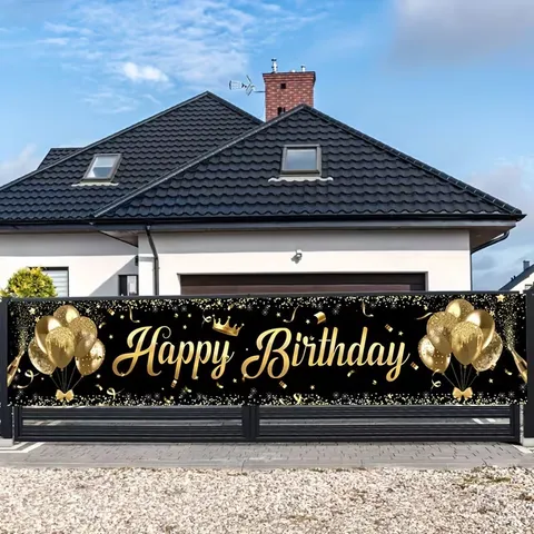 Black And Gold Happy Birthday Banner Outdoor Yard Decorations Large Horizontal Polyester Backdrop With Balloon Crown Pattern For Party