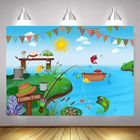 Fondo de Fotografía de Feliz Cumpleaños Tema de Pesca Escena de Estanque de Dibujos Animados Decoración de Fiesta al Aire Libre Tapiz de Poliéster Retro